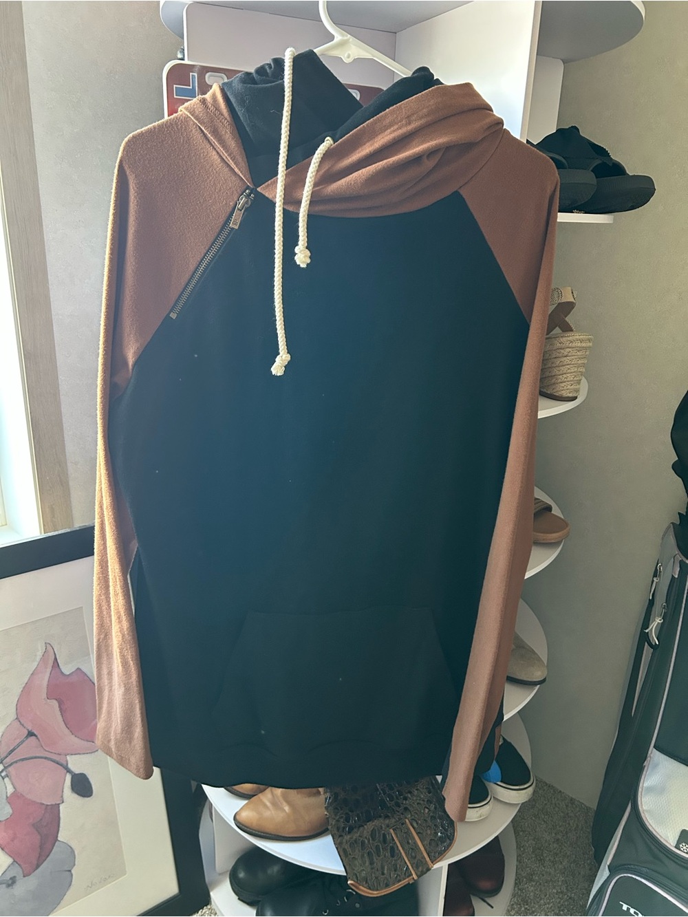 AMPERSAND AVE Black and Brown Zip-Up Hooded Sweater